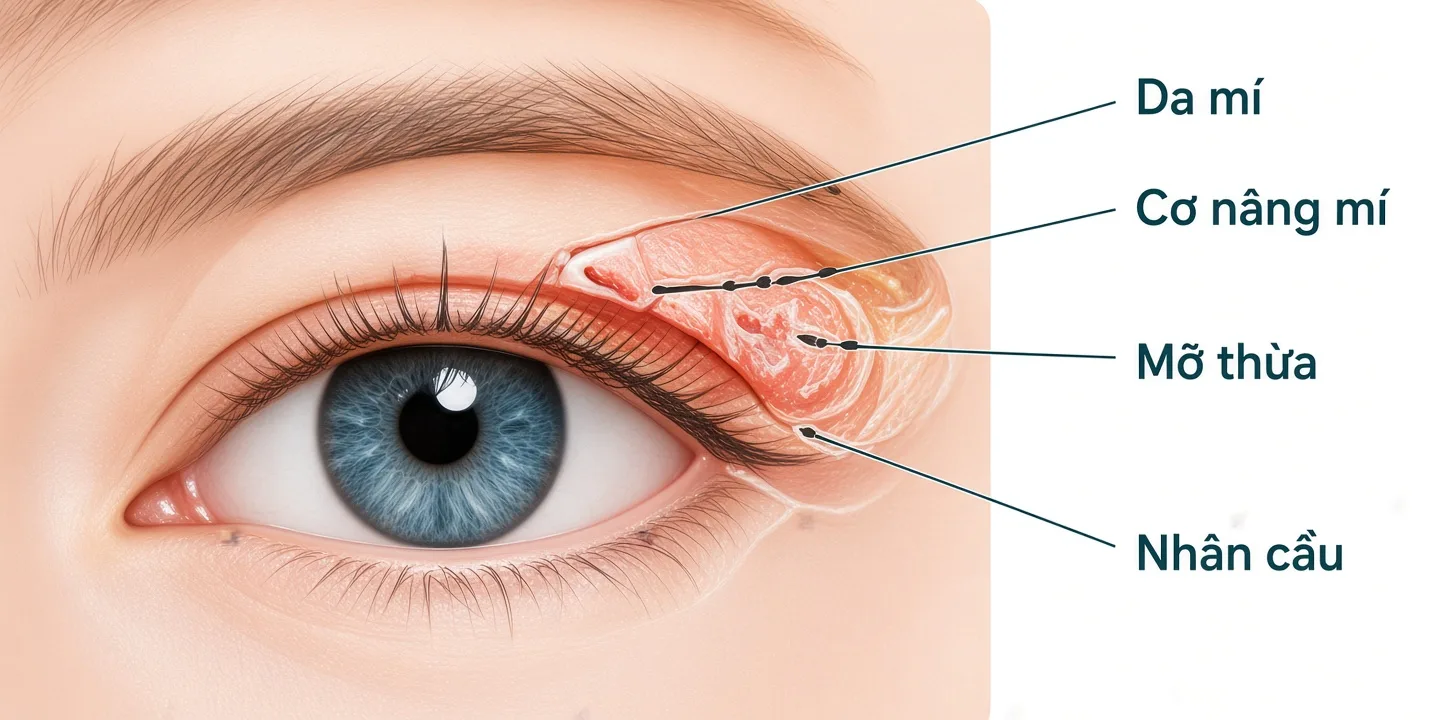 Cấu trúc giải phẫu mi mắt: da mi, cơ nâng mi, mỡ thừa, nhãn cầu
